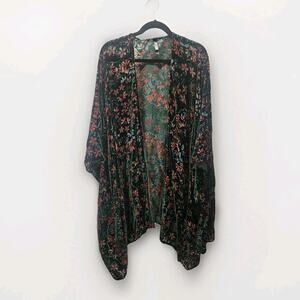 Torrid Ruana Kimono Burnt Velvet Emerald Green Floral Top One Size Festival Boho